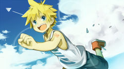 Rule 34 | 1boy, blonde hair, blue eyes, blue sky, cloud, collarbone, dutch angle, fang, happy, kadokoa, kagamine len, looking at viewer, male focus, number tattoo, open mouth, outdoors, paper airplane, red footwear, running, shoes, shorts, shoulder tattoo, sky, solo, tank top, tattoo, teeth, vocaloid, white tank top
