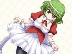 Rule 34 | 1girl, alternate costume, bococho, breasts, cleavage, collar, curtsey, dutch angle, female focus, green hair, kazami yuuka, large breasts, pantyhose, red eyes, short hair, slit pupils, smile, solo, touhou, waitress