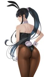 Rule 34 | 1girl, absurdres, animal ears, ass, bare shoulders, black hair, black leotard, brown eyes, brown pantyhose, closed mouth, commentary, damegane, fake animal ears, from behind, hair ornament, hair scrunchie, hand on own hip, highleg, highleg leotard, highres, leotard, lidia (damegane), lips, long hair, looking at viewer, looking back, original, pantyhose, playboy bunny, ponytail, rabbit ears, rabbit girl, scrunchie, shiny clothes, sidelocks, simple background, smile, solo, strapless, strapless leotard, white background, wrist cuffs
