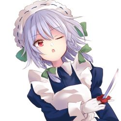 Rule 34 | 2girls, ;o, braid, dress, dutch angle, gloves, highres, izayoi sakuya, juliet sleeves, knife, long sleeves, looking at viewer, maid, maid headdress, multiple girls, one-hour drawing challenge, one eye closed, puffy sleeves, red eyes, short hair, silver hair, solo, touhou, twin braids, white gloves, yururi nano