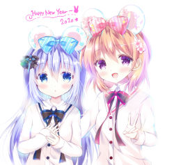 Rule 34 | 2020, 2girls, :d, :o, animal ears, bitter crown, blue bow, blue eyes, blue flower, blue hair, blush, bow, brown hair, cardigan, chinese zodiac, collared shirt, commentary request, diagonal-striped bow, fake animal ears, flower, gochuumon wa usagi desu ka?, hair between eyes, hair bow, happy new year, hoto cocoa, kafuu chino, long hair, long sleeves, mouse ears, multiple girls, new year, open mouth, parted lips, pink bow, purple eyes, shirt, simple background, smile, striped, striped bow, upper body, v, very long hair, white background, white cardigan, white shirt, year of the rat