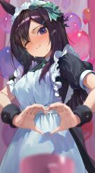 Rule 34 | 1girl, absurdres, alternate costume, animal ears, balloon, black hair, blurry, blurry foreground, blush, breasts, c2h6o, closed mouth, commentary request, enmaided, hair between eyes, hair ornament, highres, horse ears, horse girl, maid, maid headdress, medium breasts, mejiro dober (umamusume), moe moe kyun!, one eye closed, purple eyes, smile, solo, sweat, umamusume