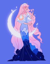 Rule 34 | 1girl, absurdly long hair, belle (ryuu to sobakasu no hime), cloud print, crescent moon, dress, earrings, hand up, highres, jewelry, long hair, meyoco, moon, parted lips, pink hair, print dress, red lips, ryuu to sobakasu no hime, solo, very long hair