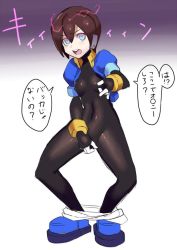 Rule 34 | 1girl, aile (mega man zx), blue eyes, blue footwear, bodystocking, bodysuit, breasts, brown hair, capcom, clothes pull, covered erect nipples, covered navel, cropped jacket, female focus, female masturbation, full body, gloves, green eyes, legs apart, masturbation, mega man (series), mega man zx, mind control, nipple stimulation, nipple tweak, open mouth, pants, pants pull, puffy short sleeves, puffy sleeves, robot ears, short hair, short sleeves, skin tight, small breasts, solo, spandex, speech bubble, standing, teeth, text focus, translation request, ukimukai