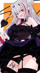 Rule 34 | absurdres, black panties, body writing, clothes lift, cowboy shot, demon tail, double bun, double v, dress, earrings, eyeball earrings, fang, girls&#039; frontline, gloves, grey hair, hair bun, halloween, halloween costume, heterochromia, highres, jewelry, lace, lace-trimmed panties, lace trim, lifted by self, long hair, mdr (ghost trap) (girls&#039; frontline), mdr (girls&#039; frontline), multicolored clothes, multicolored dress, multicolored hair, nail polish, ohichi16, open mouth, panties, pointy ears, single glove, skirt, skirt lift, smile, spider web print, streaked hair, tail, underwear, v, vampire