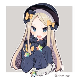 Rule 34 | 1girl, :d, abigail williams (fate), bad id, bad tumblr id, black bow, black dress, black hat, blonde hair, blue eyes, blush, bow, brown background, cropped torso, dress, fate/grand order, fate (series), grey background, hair bow, hat, ikeuchi tanuma, long hair, long sleeves, looking at viewer, multiple hair bows, open mouth, orange bow, outline, parted bangs, saint quartz (fate), simple background, sleeves past fingers, sleeves past wrists, smile, solo, top hat, twitter username, upper body, v-shaped eyebrows, white background, white outline