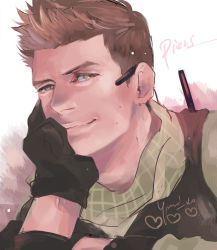 Rule 34 | 1boy, black gloves, blouse, brown hair, character name, closed mouth, gloves, green shirt, headset, looking at viewer, male focus, piers nivans, resident evil, resident evil 6, scarf, shirt, short hair, smile, solo, spiked hair, upper body, yumi (soak1111)