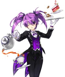 Rule 34 | 1girl, ;o, aisha landar, bad id, bad pixiv id, black pants, bow, butler, cowboy shot, cup, dress shirt, elsword, female butler, hair between eyes, hair bow, holding, holding plate, long hair, mow1337, one eye closed, pants, pinstripe pants, pinstripe pattern, plate, purple bow, purple eyes, purple hair, shirt, solo, standing, striped clothes, striped pants, teacup, teapot, transparent background, twintails, vertical-striped clothes, vertical-striped pants, white shirt