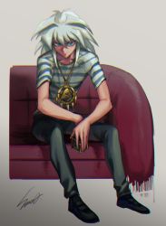 Rule 34 | 1boy, bakura ryou, blue eyes, box, couch, highres, jewelry, leaning forward, male focus, millennium ring, necklace, signature, simple background, solo, souma (soumadian), striped, white hair, yami bakura, yu-gi-oh!