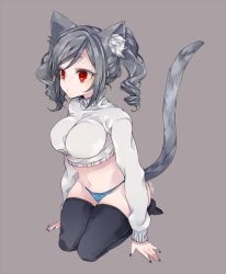 Rule 34 | 10s, 1girl, animal ears, aqua panties, artist name, bad id, bad pixiv id, black thighhighs, breasts, cat ears, cat tail, closed mouth, cropped sweater, curly hair, full body, grey background, grey hair, idolmaster, idolmaster cinderella girls, kanzaki ranko, kemonomimi mode, large breasts, looking to the side, midriff, nail polish, navel, panties, purple nails, red eyes, ringlets, seiza, sidelocks, signature, simple background, sitting, solo, swept bangs, tail, thighhighs, thighs, underwear, yoshiharuman