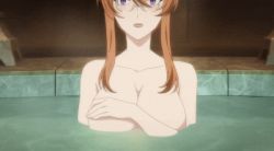 Rule 34 | 1girl, animated, animated gif, bath, bathing, breasts, brown hair, cleavage, collarbone, completely nude, covering privates, covering breasts, fisch brandel, glasses, large breasts, nude, partially submerged, purple eyes, screencap, sidelocks, solo, tensai ouji no akaji kokka saiseijutsu, water