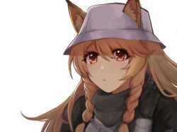 Rule 34 | 1girl, animal ears, arknights, braid, brown eyes, brown hair, ceobe (arknights), ceobe (unfettered) (arknights), commentary request, dog ears, ears through headwear, hachi (hachi ik0), hair between eyes, long hair, looking at viewer, official alternate costume, parted lips, simple background, solo, twin braids, upper body, white background, white headwear