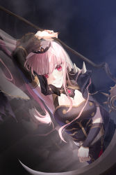 Rule 34 | 1girl, black nails, black sleeves, breasts, cleavage, detached sleeves, dutch angle, grin, hair between eyes, highres, holding, holding scythe, hololive, hololive english, large breasts, long hair, long sleeves, lying, mori calliope, moro (from m0r0), nail polish, on side, pink hair, red eyes, scythe, smile, solo, virtual youtuber