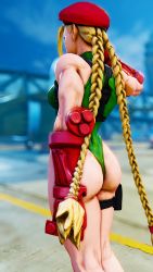 Rule 34 | 1girl, 3d, absurdres, antenna hair, ass, bare shoulders, blonde hair, braid, breasts, cammy white, clenched hand, covered navel, curvy, gloves, green leotard, hat, highleg, highleg leotard, highres, huge ass, leotard, long hair, looking to the side, medium breasts, red gloves, red hat, ryona, screencap, shiny clothes, sky, solo, street fighter, street fighter v, thighs, third-party edit, thong leotard, twin braids, very long hair, wide hips