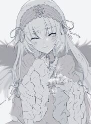Rule 34 | 1girl, dress, flower, frilled sleeves, frills, gothic lolita, greyscale, hairband, kiru (m putorius), lolita fashion, lolita hairband, long hair, monochrome, one eye closed, rose, rozen maiden, simple background, solo, static electricity, suigintou, upper body, wide sleeves, wince, wings