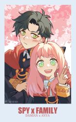 Rule 34 | 1boy, 1girl, anya (spy x family), black hair, blush, damian desmond, green eyes, highres, long hair, looking at another, looking at viewer, open mouth, pink hair, qige, school uniform, smile, spy x family, upper body, v, yellow eyes