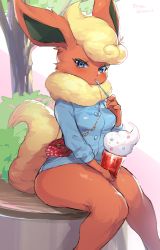 Rule 34 | 1girl, animal ears, animal nose, artist name, bag, blonde hair, blue eyes, blue shirt, blue shorts, blush, body fur, breasts, buttons, chain, closed mouth, cream, creatures (company), cup, day, dessert, drinking glass, eating, female focus, flareon, fluffy, food, furry, furry female, game freak, gen 1 pokemon, hand up, handbag, highres, holding, holding drinking glass, holding spoon, knees together feet apart, legs, long sleeves, looking at viewer, medium breasts, neck fur, nintendo, orange fur, outdoors, personification, pokemon, pokemon (creature), shirt, short hair, short shorts, shorts, shoulder bag, signature, sitting, solo, spoon, star (symbol), suurin (ksyaro), tail, thick thighs, thighs, tree, twitter username, two-tone fur, white background, wide hips, yellow fur