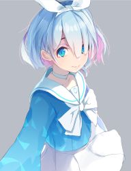 Rule 34 | 1girl, arona (blue archive), bad id, bad pixiv id, blue archive, blue eyes, blue hair, blue shirt, bow, choker, closed mouth, commentary request, from side, grey background, hair ribbon, hairband, highres, long sleeves, looking at viewer, looking to the side, miniskirt, multicolored hair, pink hair, ribbon, sailor collar, school uniform, serafuku, shirt, short hair, simple background, skirt, smile, solo, tebi (tbd11), two-tone hair, white bow, white choker, white hairband, white ribbon, white sailor collar, white skirt