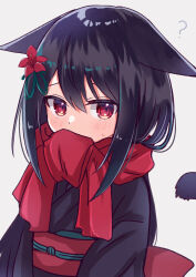 Rule 34 | 1girl, ?, animal ears, black hair, black kimono, cat ears, cat girl, cat tail, ears down, enpera, highres, japanese clothes, kimono, long hair, looking at viewer, mouth hold, original, red eyes, red scarf, scarf, sese nagi, tail