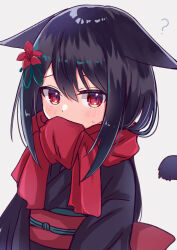 1girl ? animal_ears azalea_(flower) black_hair black_kimono cat_ears cat_girl cat_tail ears_down enpera flower highres japanese_clothes kimono long_hair looking_at_viewer mouth_hold original red_eyes red_scarf scarf sese_nagi tail