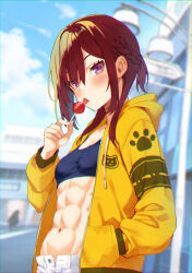 1girl abs animal_print black_sports_bra blue_sky braid brown_hair candy cat_print chupa_chups cloud commentary_request day food hand_in_pocket hand_up highres holding holding_candy holding_food hood hooded_jacket jacket lamppost licking lollipop medium_hair murata_taichi muscular muscular_female navel open_clothes open_jacket original outdoors paw_print print_jacket purple_eyes sky solo sports_bra unzipped yellow_jacket