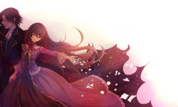 Rule 34 | 00s, 1girl, bare shoulders, bow, brother and sister, brown hair, choker, dress, earrings, closed eyes, formal, frilled dress, frills, highres, jewelry, lacie baskerville, long hair, oswald baskerville, pandora hearts, red eyes, shionmion, short hair, siblings, smile, very long hair