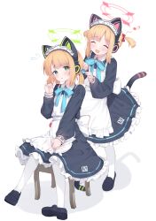 Rule 34 | 2girls, animal ear headphones, animal ears, apron, black dress, black footwear, blonde hair, blue archive, blue ribbon, blush, cat ear headphones, cat tail, closed eyes, commentary request, dress, eighth note, eip (pepai), fake animal ears, fake tail, flying sweatdrops, frilled apron, frilled dress, frills, full body, green eyes, green halo, hair ribbon, halo, headphones, highres, loafers, long sleeves, maid, maid apron, midori (blue archive), midori (maid) (blue archive), momoi (blue archive), momoi (maid) (blue archive), multiple girls, musical note, neck ribbon, open mouth, pantyhose, parted lips, pink halo, puffy long sleeves, puffy sleeves, red ribbon, ribbon, shoes, short hair, short twintails, siblings, sisters, sitting, standing, tail, twintails, white apron, white background, white pantyhose