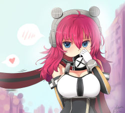 Rule 34 | 1girl, ahoge, blue eyes, blush, breasts, cleavage, dated, gloves, heart, highres, large breasts, looking at viewer, medium hair, pink hair, red scarf, scarf, shou jian yu, signature, solo, speech bubble, spoken blush, spoken heart, upper body, warship girls r, white gloves