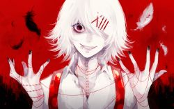 Rule 34 | 10s, 1boy, androgynous, feathers, hair ornament, hairclip, loose clothes, loose shirt, male focus, red eyes, shirt, short hair, smile, solo, stitches, suzuya juuzou, tokyo ghoul, white hair
