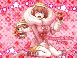 2girls ;p ando_ruruka beanie belt belt_buckle black_eyes bow bow_button breasts buckle clone closed_mouth coat commentary_request cupcake danganronpa_(series) danganronpa_2:_goodbye_despair dated english_text eyelashes floating floral_background food fruit full_body fur-trimmed_hood fur_cuffs fur_trim hand_on_lap happy_birthday hat heart holding holding_food hood hood_down hooded_coat icing large_breasts light_blush long_sleeves looking_at_viewer miniskirt multiple_belts multiple_girls one_eye_closed open_mouth oversized_food oversized_object pale_skin pink_background pink_belt pink_bow pink_coat pink_footwear pink_hair polka_dot polka_dot_background pom_pom_(clothes) pom_pom_beanie purple_eyes shoe_belt short_hair skirt smile solid_eyes star_(symbol) starry_background strawberry teeth thighhighs tongue tongue_out upper_teeth_only white_thighhighs white_wrist_cuffs winter_clothes winter_coat wrist_cuffs yellow_hat yellow_skirt yumaru_(marumarumaru) zettai_ryouiki