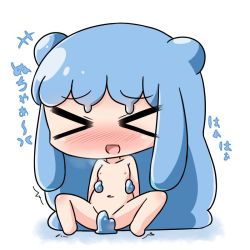 Rule 34 | &gt; &lt;, +++, 1girl, :d, blue hair, blush, breasts, chibi, closed eyes, collarbone, commentary request, convenient censoring, double bun, facing viewer, full body, groin, hair bun, half slime-chan, hana kazari, heavy breathing, long hair, monster girl, navel, nipples, nose blush, nude, open mouth, original, sidelocks, sitting, slime girl, small breasts, smile, solo, spread legs, translation request, very long hair, white background, xd