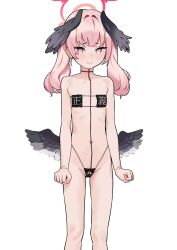 Rule 34 | 1girl, absurdres, alternate costume, bare arms, bare legs, bare shoulders, bikini, black bikini, black wings, blue archive, closed mouth, clothing cutout, collarbone, commentary request, cowboy shot, eyepatch bikini, fffukuzawa, flat chest, grey wings, halo, head wings, highres, koharu (blue archive), light blush, light smile, looking at viewer, low wings, medium hair, micro bikini, multicolored wings, navel, pink eyes, pink hair, pink halo, simple background, solo, standing, stomach, swimsuit, thigh gap, thong bikini, translation request, twintails, white background, wings