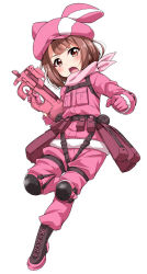 Rule 34 | 1girl, animal hat, bandana, belt pouch, boots, brown eyes, brown hair, bullpup, clenched hand, commentary request, cross-laced footwear, full body, fur trim, gloves, gun, hat, highres, holding, holding gun, holding weapon, knee pads, llenn (sao), long sleeves, looking at viewer, military, military uniform, open mouth, p-chan (p90), p-chan (sao), p90, pants, personal defense weapon, pink bandana, pink gloves, pink hat, pink neckwear, pink pants, pouch, rabbit hat, red eyes, short hair, simple background, solo, standing, standing on one leg, submachine gun, sword art online, sword art online alternative: gun gale online, tareme, uniform, v-shaped eyebrows, weapon, white background, yopparai oni