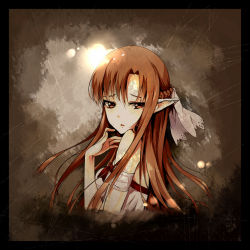 Rule 34 | 1girl, arm strap, asuna (sao), backlighting, bare shoulders, braid, breasts, brown eyes, brown hair, french braid, from side, hair ribbon, long hair, looking at viewer, looking to the side, medium breasts, noodle-y, parted lips, pointy ears, portrait, ribbon, solo, sword art online, upper body