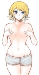 Rule 34 | 1girl, blonde hair, blush, breasts, covering nipples, covering privates, earrings, fire emblem, fire emblem heroes, fjorm (fire emblem), groin, highres, jewelry, looking away, navel, nintendo, partially undressed, short hair, small breasts, solo, thighs, topless, tridis, tridisart, underwear, underwear only, white background