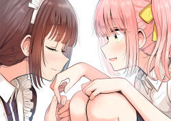 Rule 34 | 2girls, apron, backlighting, betock, blunt bangs, brown hair, closed eyes, commentary, eyelashes, fang, fingernails, green eyes, hair ribbon, hands on own knees, highres, kiss, kissing hand, knees up, light smile, maid, maid apron, maid headdress, multiple girls, open mouth, original, pink hair, ribbon, side ponytail, simple background, white background, yellow ribbon, yuri