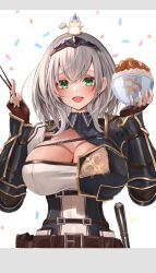 Rule 34 | 1girl, absurdres, armor, belt, black gloves, blue collar, blush, braid, breasts, chest belt, chest guard, chest strap, cleavage, clothing cutout, collar, fingerless gloves, food, gloves, green eyes, grey hair, gyuudon, hamster, highres, holding, hololive, large breasts, leather belt, looking at viewer, maison de cante, medium hair, mole, mole on breast, open mouth, pauldrons, pop (shirogane noel), shirogane noel, shirogane noel (1st costume), short hair, shoulder armor, single pauldron, smile, solo, vambraces, virtual youtuber, wavy hair, wrist guards