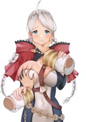 Rule 34 | 1boy, 1girl, absurdres, ahoge, belt, blue eyes, braid, breasts, capelet, chest harness, cleavage, closed mouth, commission, commissioner upload, couple, covered navel, disembodied limb, face grab, fire emblem, fire emblem fates, fire emblem heroes, grabbing, grabbing another&#039;s breast, grayfox, hairband, harness, hetero, highres, hood, hood down, hooded capelet, key, kiran (fire emblem), kiran (male) (fire emblem), large breasts, leather strap, long hair, looking at viewer, nina (fire emblem), nintendo, non-web source, parted bangs, red hood, simple background, squishing, turtleneck, twin braids, upper body, white background, white hair, white hairband