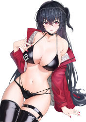Rule 34 | 1girl, abab xiaxia, absurdres, ahoge, arm support, azur lane, bare shoulders, bikini, black bikini, black choker, black hair, black thighhighs, blush, breasts, choker, cleavage, collarbone, commentary request, cowboy shot, crossed bangs, eyewear on head, gluteal fold, groin, hair between eyes, halterneck, highleg, highleg bikini, highres, jacket, large breasts, long hair, looking at viewer, midriff, multi-strapped bikini bottom, multiple straps, nail polish, navel, off shoulder, official alternate costume, one side up, parted lips, race queen, red eyes, red jacket, red nails, revision, sidelocks, simple background, sitting, skindentation, smile, solo, swimsuit, taihou (azur lane), taihou (enraptured companion) (azur lane), thigh gap, thigh strap, thighhighs, very long hair, white background