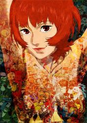 Rule 34 | 00s, 1girl, arms up, breasts, brown eyes, large breasts, no nipples, official art, paprika, paprika (character), red hair, short hair, smile, solo