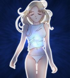 Rule 34 | 1girl, arms at sides, artist request, backlighting, blonde hair, cameltoe, character request, clothes lift, eyebrows, closed eyes, glowing, light rays, navel, open mouth, panties, shirt, shirt lift, sleeveless, sleeveless shirt, source request, standing, translucent, underwear, white panties, white shirt