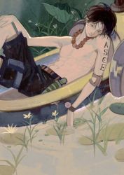Rule 34 | 1boy, akihare, arm tattoo, bead necklace, beads, black hair, boat, freckles, highres, jewelry, lying, male focus, necklace, on back, one piece, outdoors, plant, portgas d. ace, shorts, solo, tattoo, topless male, watercraft, wetland