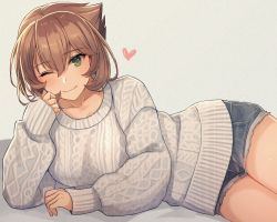 Rule 34 | 1girl, alternate costume, breasts, brown hair, closed mouth, collarbone, denim, denim shorts, green eyes, grey background, hair between eyes, heart, highres, kantai collection, kasumi (skchkko), large breasts, long sleeves, looking at viewer, lying, mutsu (kancolle), on side, one eye closed, short hair, shorts, smile, solo, sweater, white sweater
