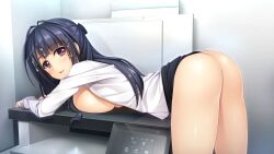 Rule 34 | 1girl, ass, black hair, blue hair, breasts, dark blue hair, female focus, game cg, large breasts, long hair, looking at viewer, nude, office lady, open mouth, printer, purple eyes, solo, tagme
