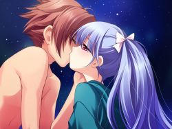 Rule 34 | 1boy, 1girl, blue hair, blush, game cg, ginta, hand on another&#039;s cheek, hand on another&#039;s face, hetero, kiss, long hair, outdoors, red eyes, sky, sugar + spice, twintails
