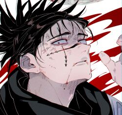 Rule 34 | 1boy, black eyes, black hair, black scarf, blood, blood on face, choso (jujutsu kaisen), constricted pupils, facial tattoo, hand up, highres, jujutsu kaisen, looking at viewer, male focus, mohimohinosiri, parted lips, portrait, scarf, short hair, solo, tattoo, veins, white background