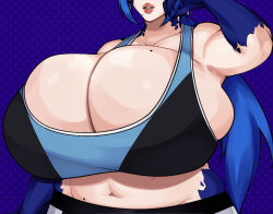 Rule 34 | 1girl, blue hair, blue skin, breasts, bursting breasts, cleavage, collarbone, colored skin, female focus, gigantic breasts, grin, head out of frame, lips, long hair, mole, mole on breast, mole on stomach, mole under eye, navel, plump, polka dot, polka dot background, purple background, smile, solo, sports bra, strongmoist, thick lips
