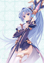 Rule 34 | 1girl, armor, bare shoulders, between legs, blue eyes, blue hair, blush, breastplate, breasts, covered navel, cowboy shot, detexted, frown, hand between legs, high ponytail, juliet sleeves, large breasts, long hair, long sleeves, ludmila lourie, madan no ou to michelia, medium breasts, midriff, miniskirt, miyatsuki itsuka, navel, official art, polearm, puffy sleeves, sidelocks, skirt, solo, thighhighs, third-party edit, very long hair, weapon, white thighhighs