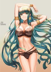 Rule 34 | 1girl, armband, armpits, black panties, blunt bangs, bra, bracelet, breasts, cleavage, cleopatra (fate), commentary request, cowboy shot, earrings, fate/grand order, fate (series), gradient background, green eyes, green hair, hairband, hoop earrings, jewelry, lace, lace-trimmed bra, lace-trimmed panties, lace trim, lingerie, long hair, looking at viewer, mashuu (neko no oyashiro), medium breasts, necklace, panties, revision, smile, solo, stomach, thighs, title, underwear, underwear only, very long hair