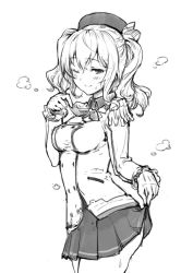 Rule 34 | 1girl, blush, breasts, clothes lift, collared shirt, commentary request, cowboy shot, epaulettes, from side, gloves, greyscale, hand up, haoni, hat, jacket, kantai collection, kashima (kancolle), long sleeves, looking at viewer, looking to the side, medium breasts, monochrome, one eye closed, pleated skirt, shirt, short hair, simple background, skirt, skirt lift, smile, solo, steaming body, sweat, sweatdrop, two side up, white background, wing collar